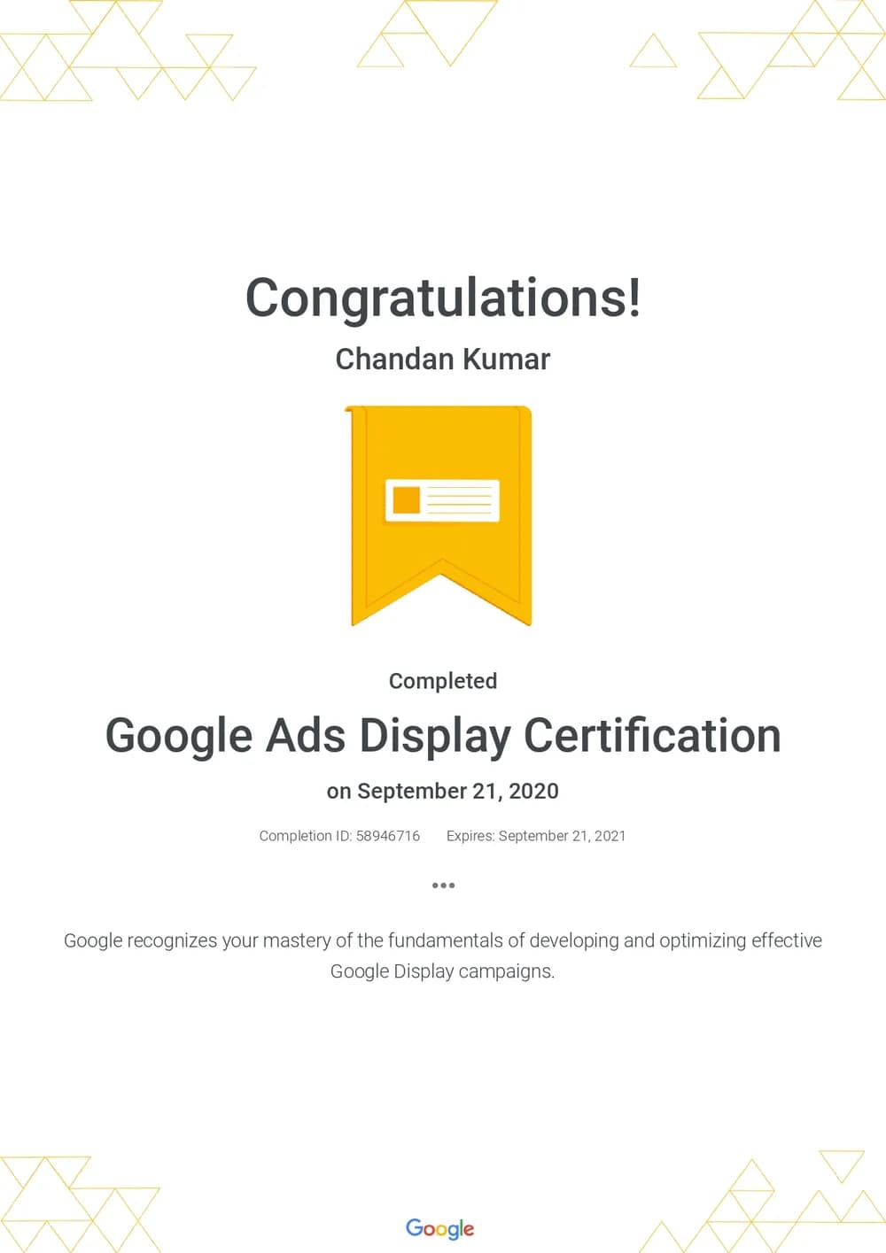 Google Ads Display Certification certificate awarded to Chandan Kumar Mehta