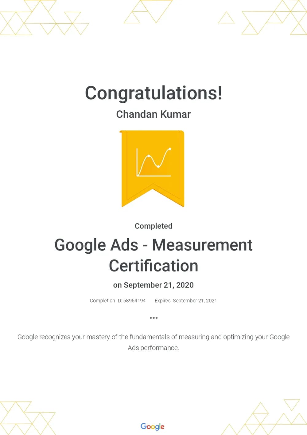 Google Ads Measurement Certification certificate awarded to Chandan Kumar Mehta