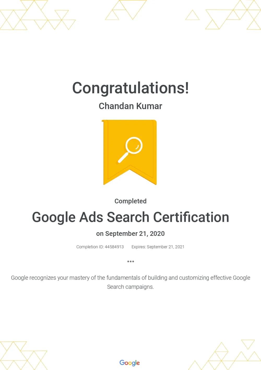 Google Ads Search Certification certificate awarded to Chandan Kumar Mehta