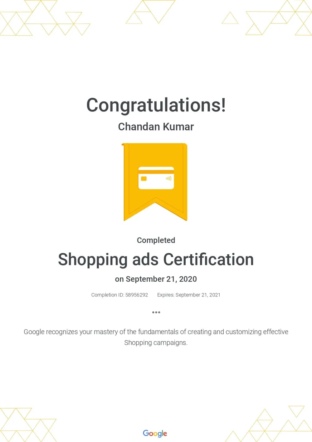 Shopping Ads Certification certificate awarded to Chandan Kumar Mehta