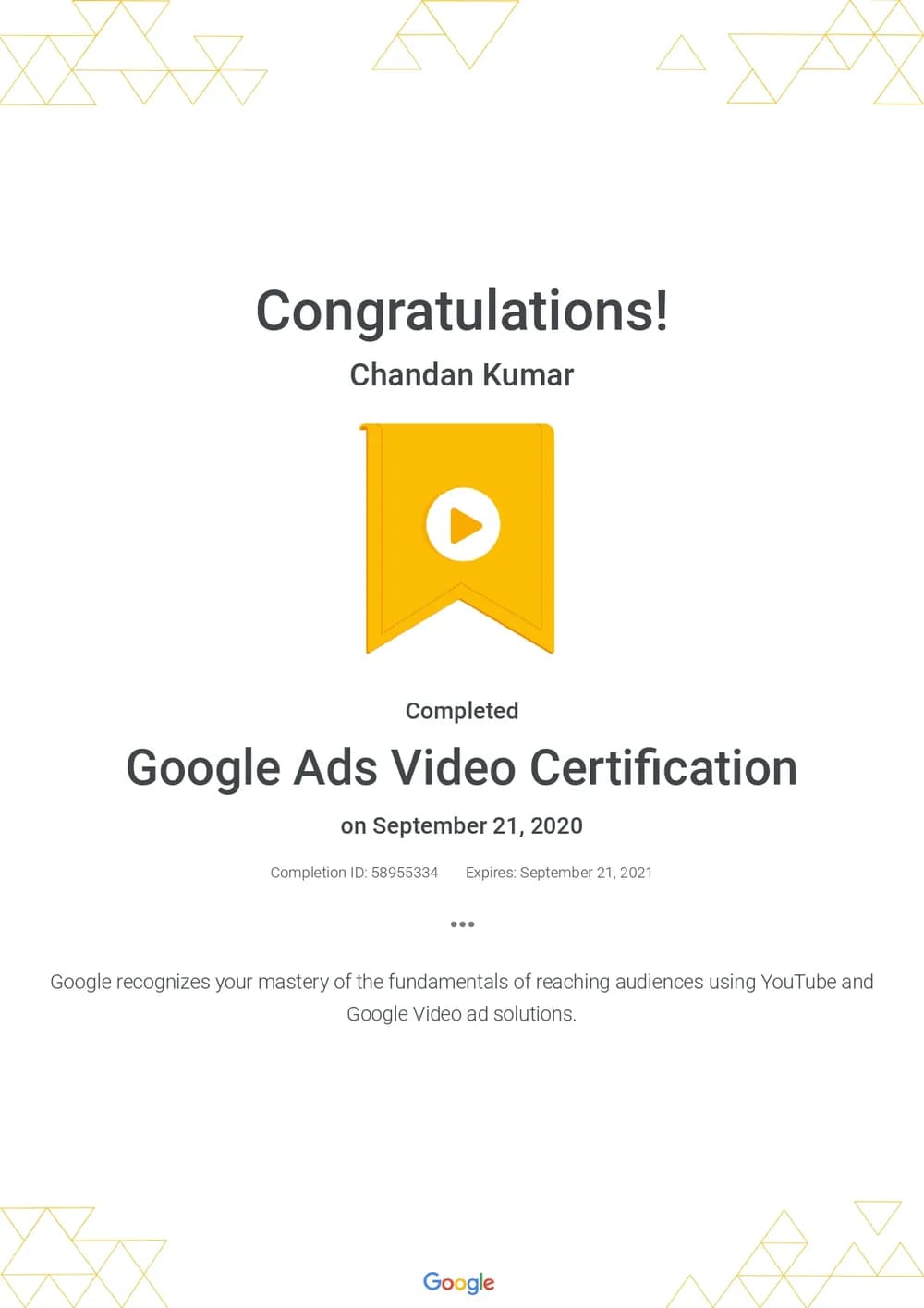 Google Ads Video Certification certificate awarded to Chandan Kumar Mehta